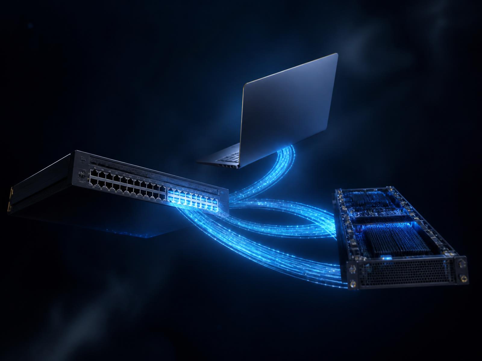 Enterprise network switch, server blade and laptop connected by glowing fiber optic light trails